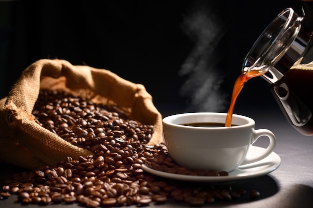 Pouring coffee with smoke on a cup and coffee beans on burlap sack on black background
