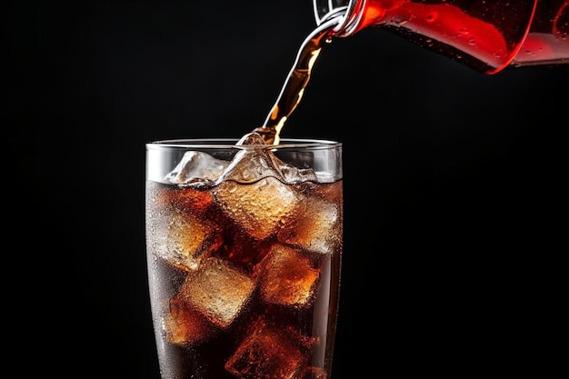 Photo pouring cola soda drink from can to glass