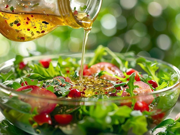 Photo pouring dressing on garden salad