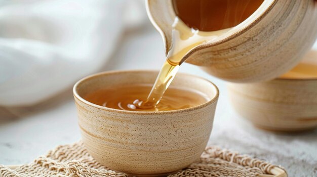 Pouring Fresh Herbal Tea in a Rustic Cup Warm Beverage Relaxation Zen Moments