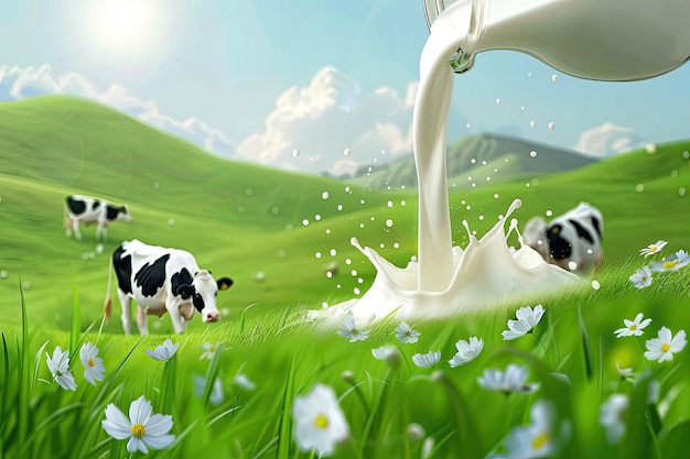 Pouring fresh milk with cows on green grass