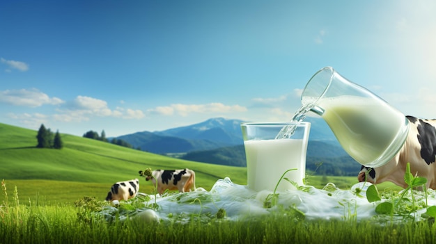 Pouring fresh milk with sloping green grass and cows in the background