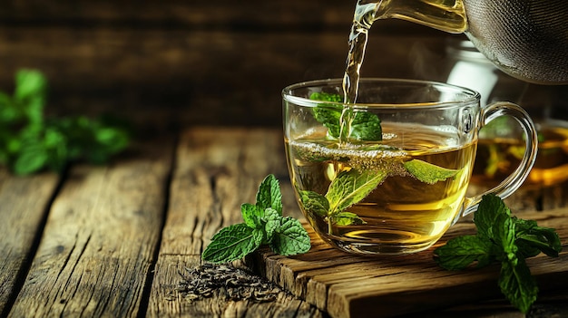 Pouring Fresh Mint Tea into Cup on Wooden Table Closeup