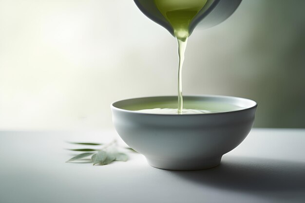 Pouring freshly brewed green leaf tea in white ceramic cup