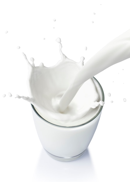 pouring a glass of milk creating splash on a white background from top view