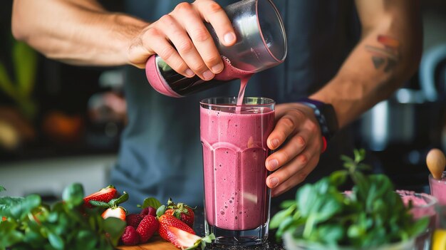 Photo pouring a healthy pink smoothie from a blender into a glass fresh berries and mint leaves are on the table