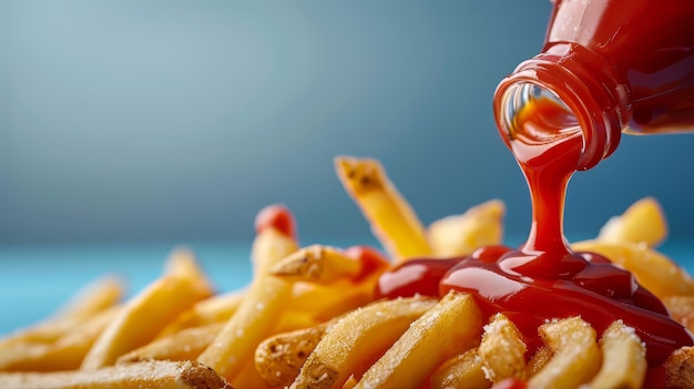 Photo pouring ketchup from a bottle over french fries