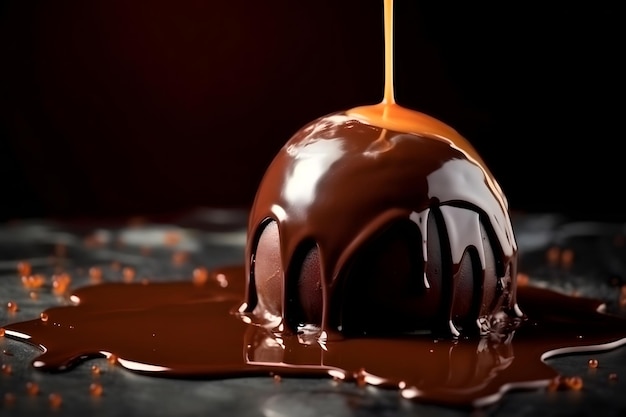 Pouring melted chocolate on a dark background