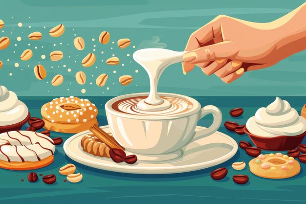 Photo pouring milk into coffee cup surrounded by various pastries creating a cozy and inviting breakfast