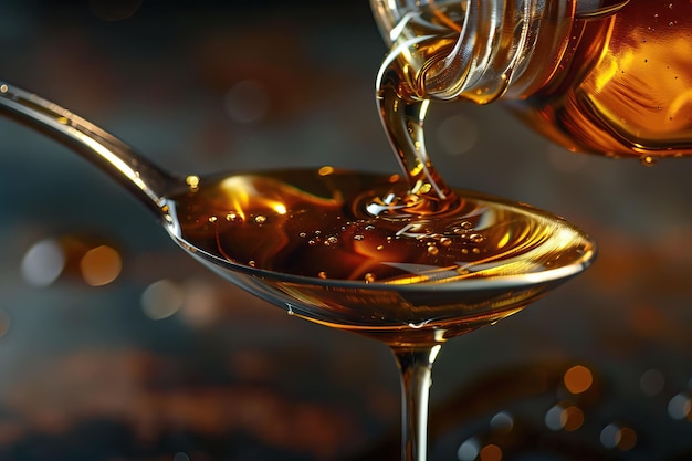 pouring oil on spoon from glass bottle