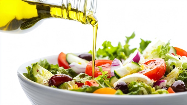 Pouring Olive Oil into Fresh Salad Bowl