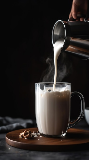 Pouring Perfection CloseUp Shot of Milk Cascading into a Rich Cup of Coffee a Captivating Moment of Creamy Indulgence