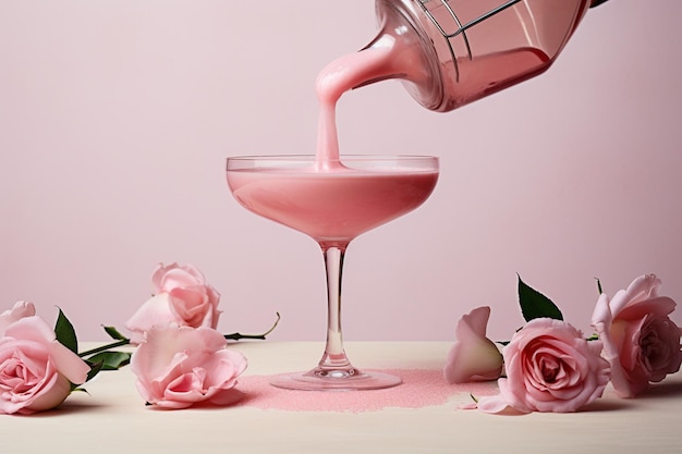 Pouring pink alcoholic cocktail with rose flowers on white background