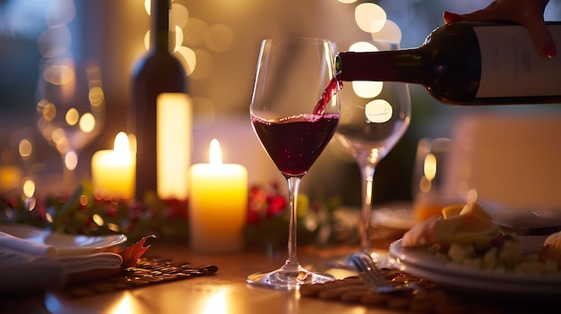 Pouring Red Wine into Glass at Romantic Dinner