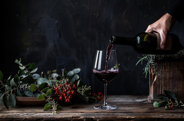 Pouring red wine into a glass on a rustic dark wooden background