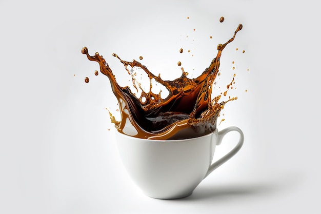 Pouring and splash coffee in white cup on isolated white background with clipping path.