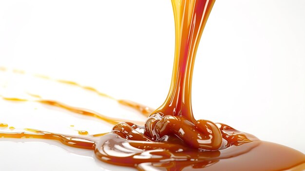 Photo pouring sweet caramel sauce liquid against a white background generative ai