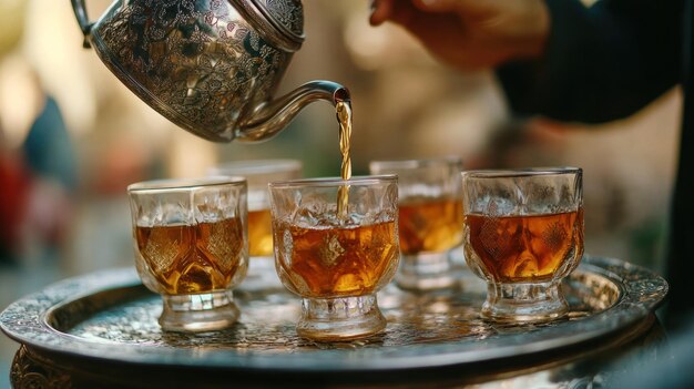 Pouring Tea into Glasses on a Silver Tray