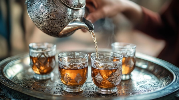 Pouring Tea in Ornate Glasses on a Silver Tray