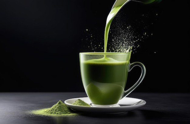 pouring traditional Japanese refreshing green matcha tea into cup on dark background