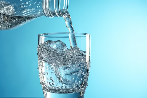 Pouring water from bottle into glass on blue background Generative AI