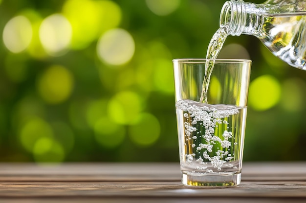 Photo pouring water from a bottle into a glass on wooden table with a green blurred background