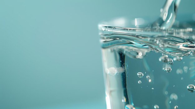 Photo pouring water into glass on blue background 3d rendering