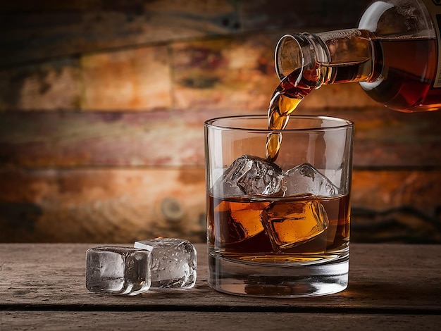 Pouring Whiskey into Glass with Ice Cubes on an old background