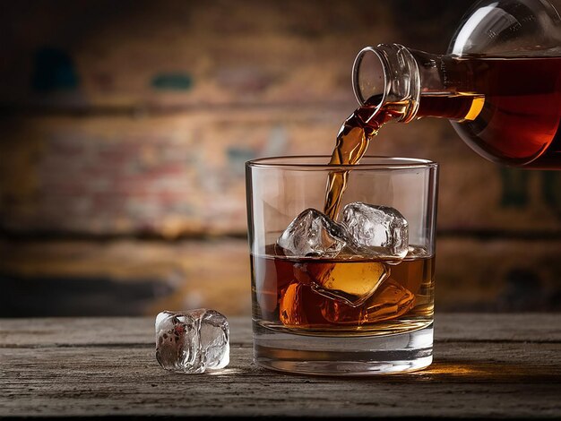 Pouring Whiskey into Glass with Ice Cubes on an old background