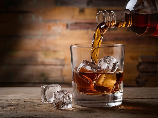 Pouring Whiskey into Glass with Ice Cubes on an old background