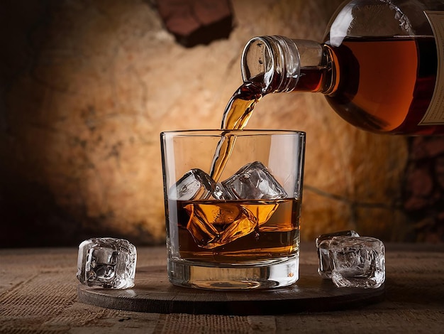 Pouring Whiskey into Glass with Ice Cubes on an old background