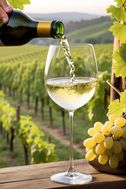 Pouring White Wine in Glass with Vineyard Background