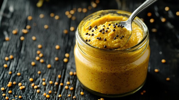 Photo pouring whole grain mustard onto spoon from jar on black background