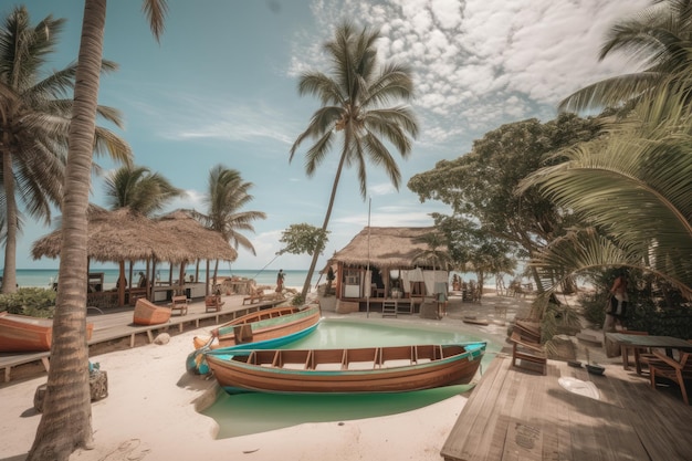 Pousada by the sea bungalows swimming pool palm trees and boat on the beach generative IA