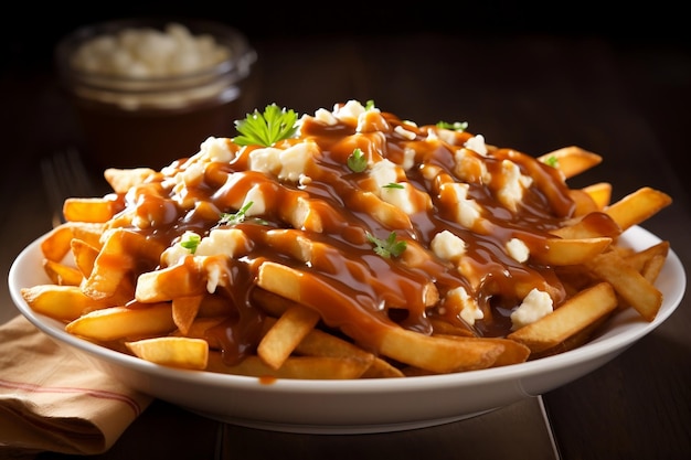 Poutine a Canadian dish of French fries topped with cheese curds and gravy Generative Ai