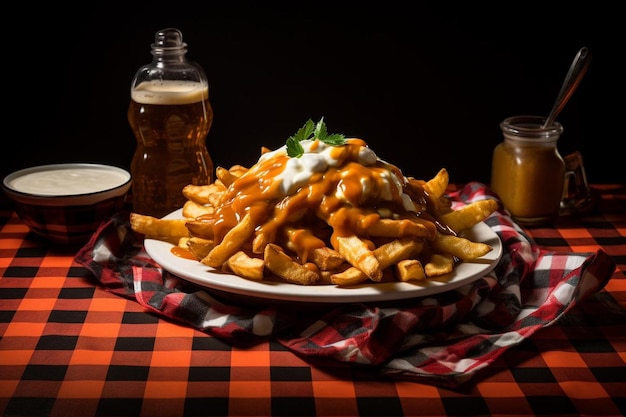 Photo poutine on a checkered tablecloth delicious poutine food photography