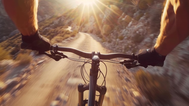 Photo pov shot of a cyclist riding downhill on a rugged path with sunlight streaming invoking freedom adventure and the natural thrill