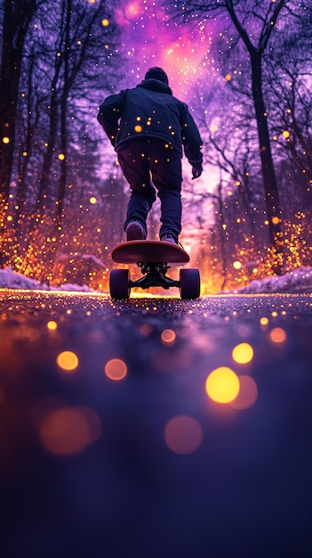 Photo pov shot of a guy longboarding down a straight road flanked by glowing plants and fireflies