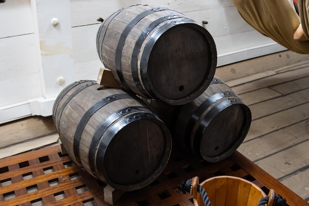 A powder barrels in storage room on the battle vessel