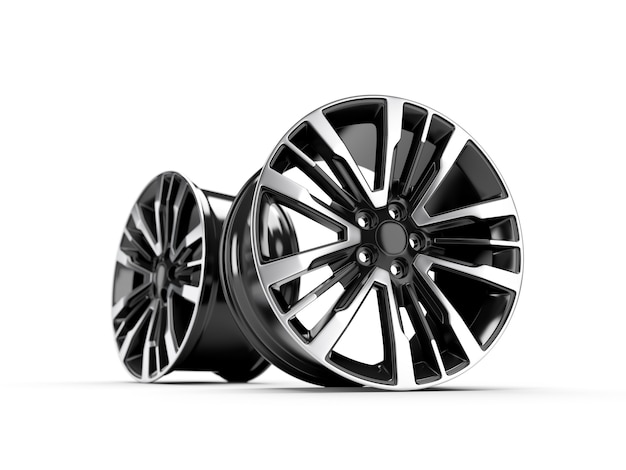 Powder coating of black wheel disk on white wall. 3D rendering illustration.