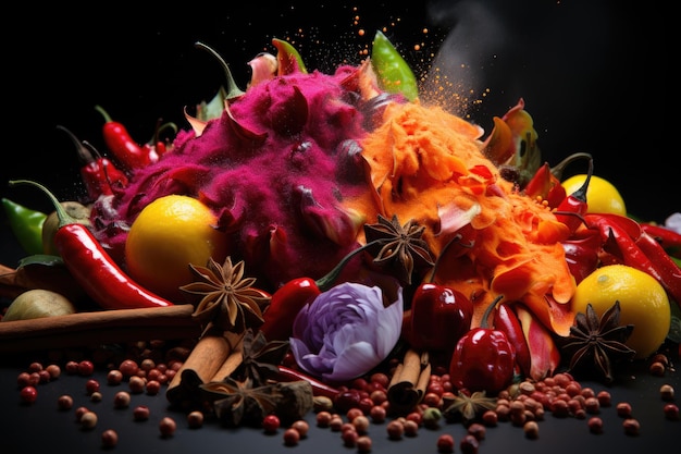 Photo powder spices and spices splash explosion in black generative ia