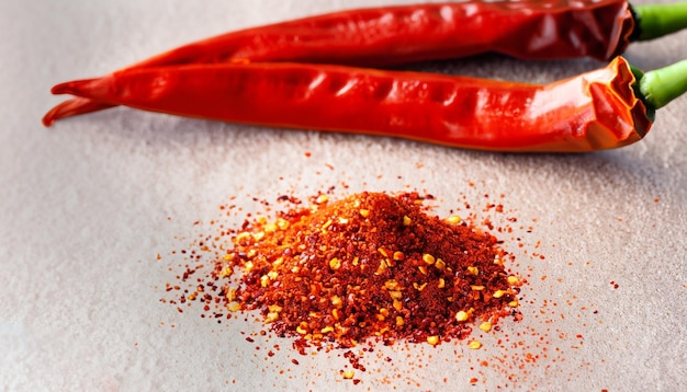 powdered and raw chili peppers on dark background