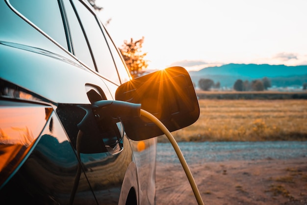 Power cable connected with a charger plugged into a black electric car sun and tree in the