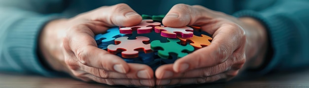 Photo the power of collaboration colorful puzzle pieces held together in hands symbolizing teamwork