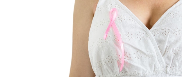 The power to fight breast cancer woman wearing pink ribbons for breast cancer campaign on white background