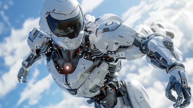 Power and futuristic warfare are evoked by a sleek white humanoid robot fighter in real life