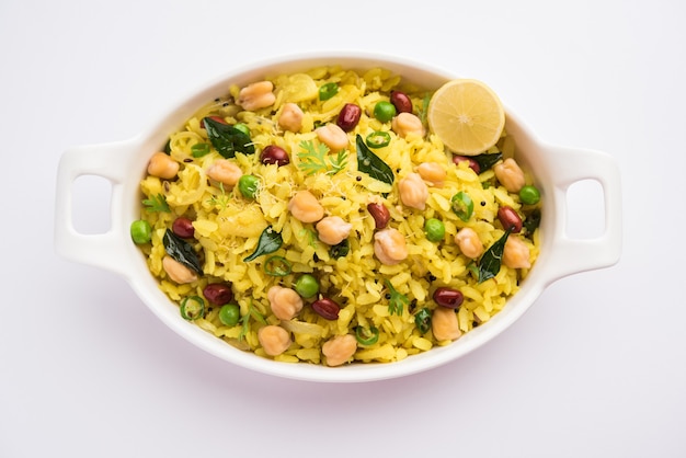 Power Kabuli Chana Poha or Protein Rich Choley Pohe, Popular Maharashtrian, Indian breakfast recipe, selective focus