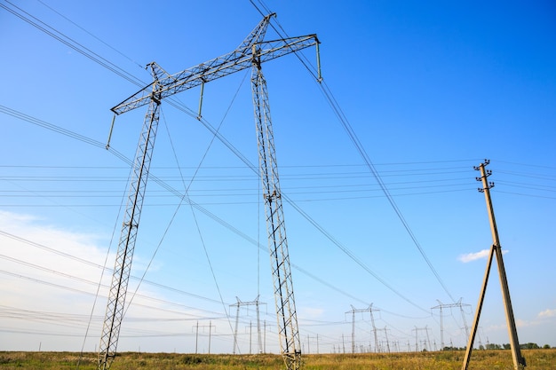 Power line in the countryside at summer on the outskirts