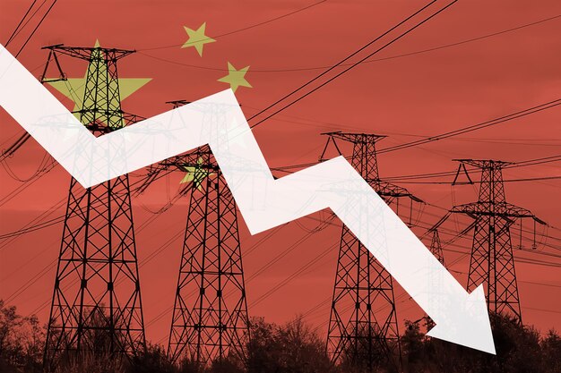 Power line and flag of China Energy crisis Concept of global energy crisis