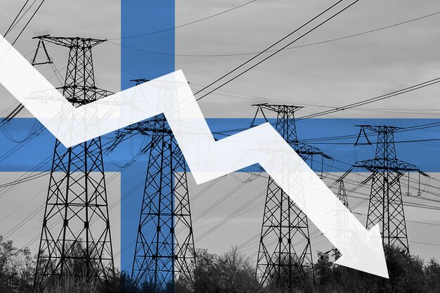 Power line and flag of Finland Energy crisis Concept of global energy crisis